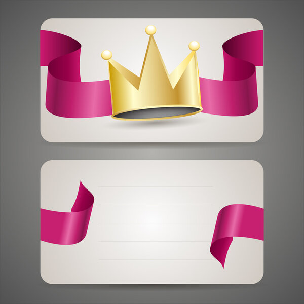 Business card with crown and ribbon.