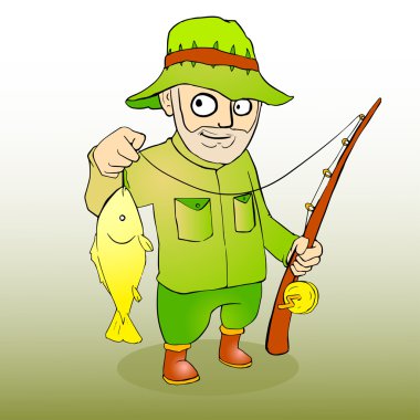 Fisherman with rod spinning and fish. Vector illustration clipart