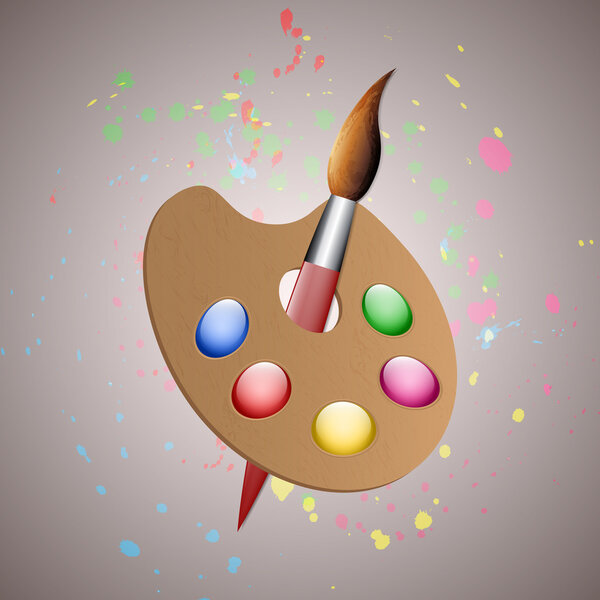 Wooden palette with paints and brushes - vector illustration.