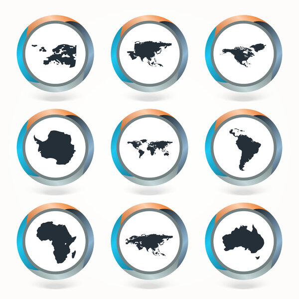 Set of vector globe icons showing earth with all continents. Vector illustration.