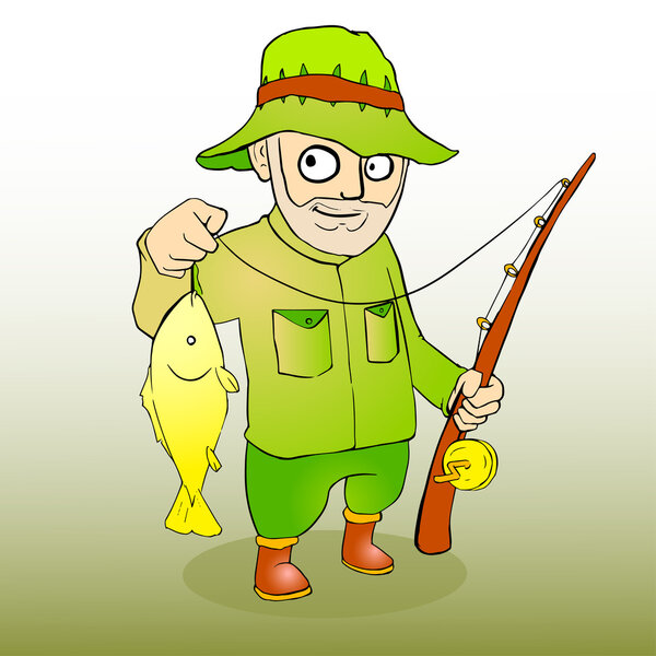 Fisherman with rod spinning and fish. Vector illustration