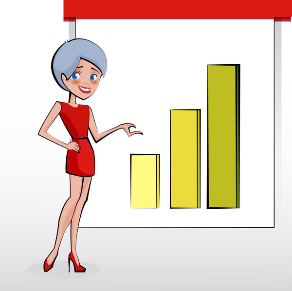 Beautiful business woman pointing to rising business trends. Vector