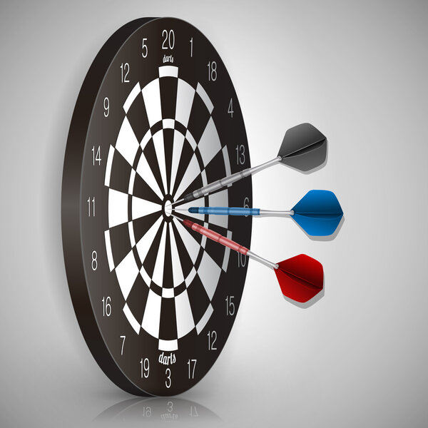 Colorful darts hitting a target. Success concept. Vector illustration