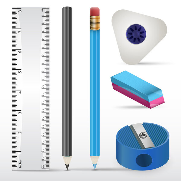 Erasers, pencil, ruler on a white paper. Vector illustration