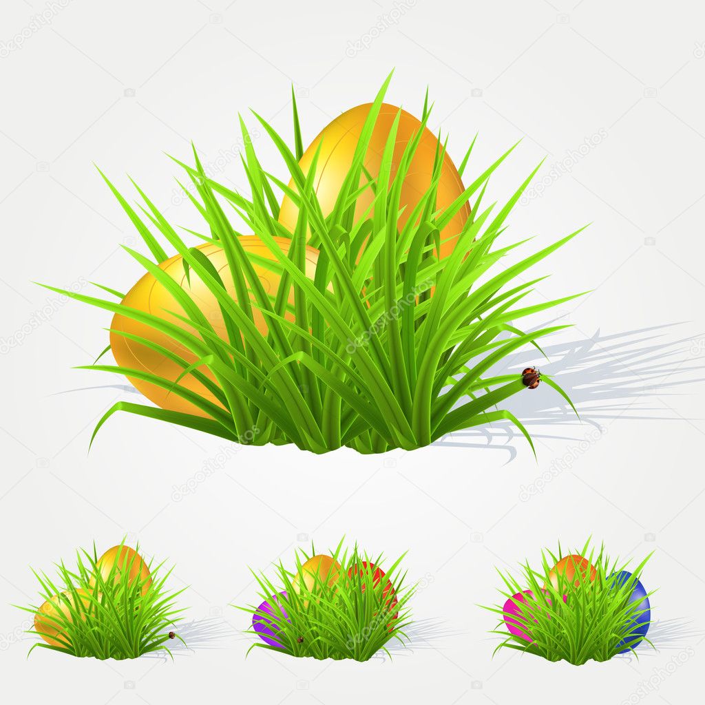 Painted Easter eggs lying in the grass. Vector illustration