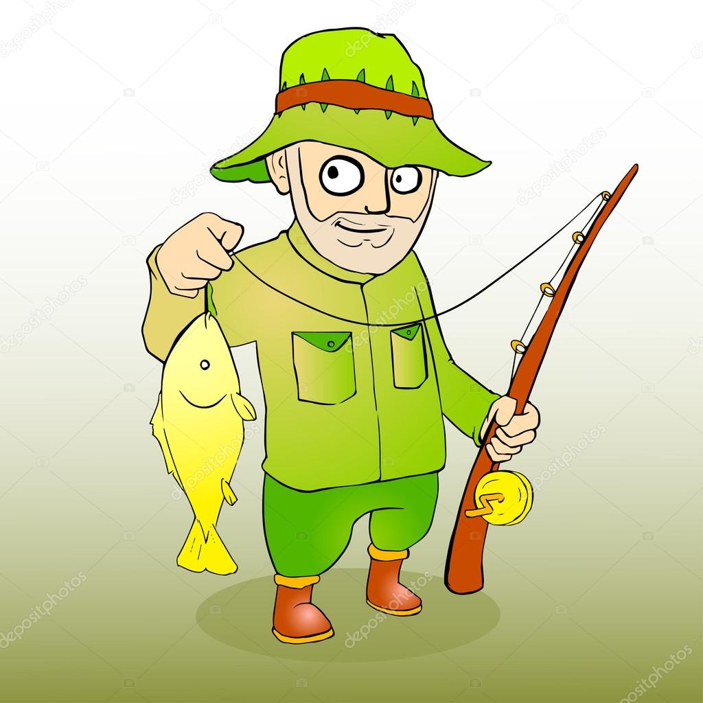 Fisherman with rod spinning and fish. Vector illustration