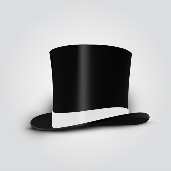 Black cylinder hat with white ribbon. Vector Illustration.
