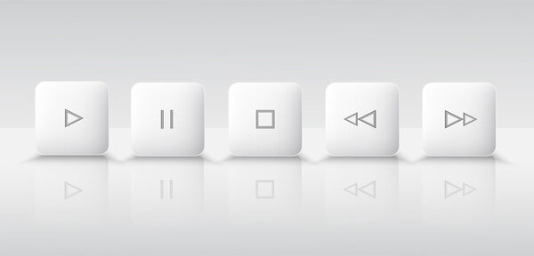 Five white media player buttons