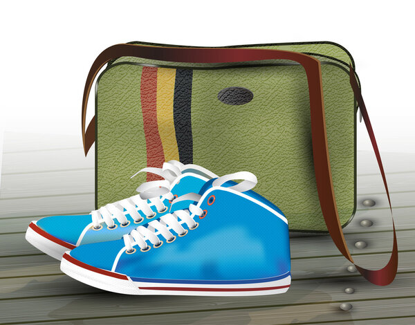 Sneakers and bag. Vector illustration.