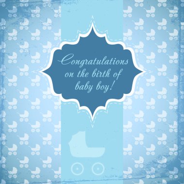 Card for baby with a baby carriage. Vector clipart