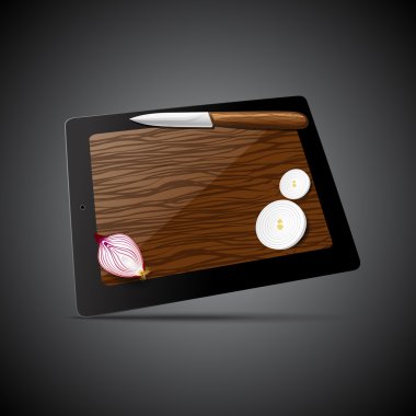Vector Tablet Computer with knife and onion clipart