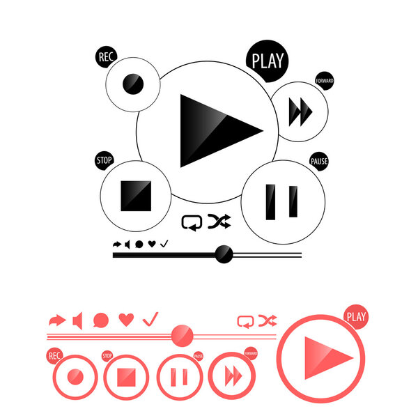 Round media player buttons and red audio player isolated on background