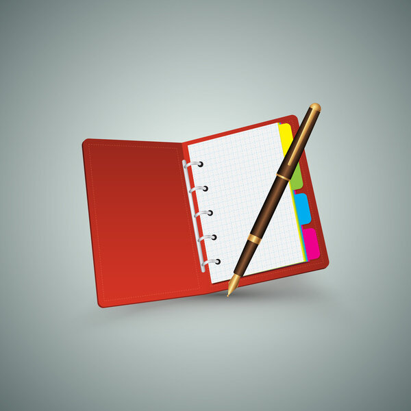 Red notebook with pen.