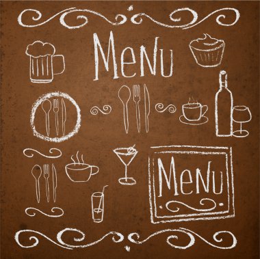 Chalk board with hand drawn vintage elements for menu. Vector illustration. clipart