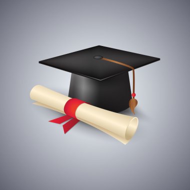 Mezuniyet şapkası ve diploması. vektör illüstrasyonu