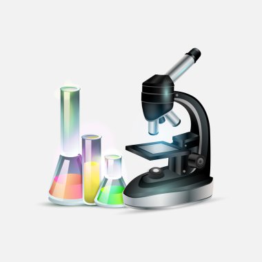 Bilimsel laboratuvar donatımı: mikroskop ve laboratuvar şişe. Vektör çizim