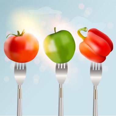 Pepper, tomato and apple on forks Concept of diet. Vector illustration. clipart
