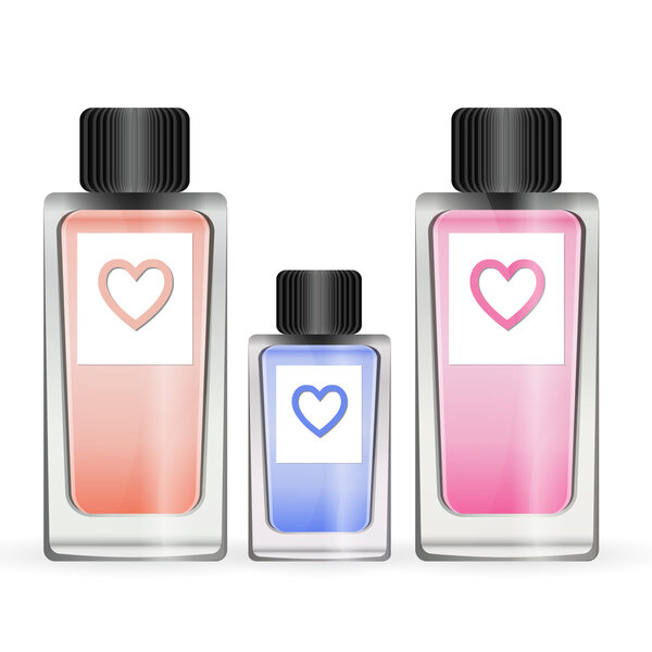 Illustration of a set from three small bottles of female perfumery of different colors