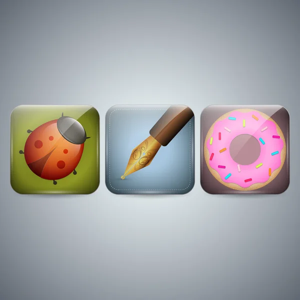 瓢虫和钢笔和甜甜圈图标 — 图库矢量图片