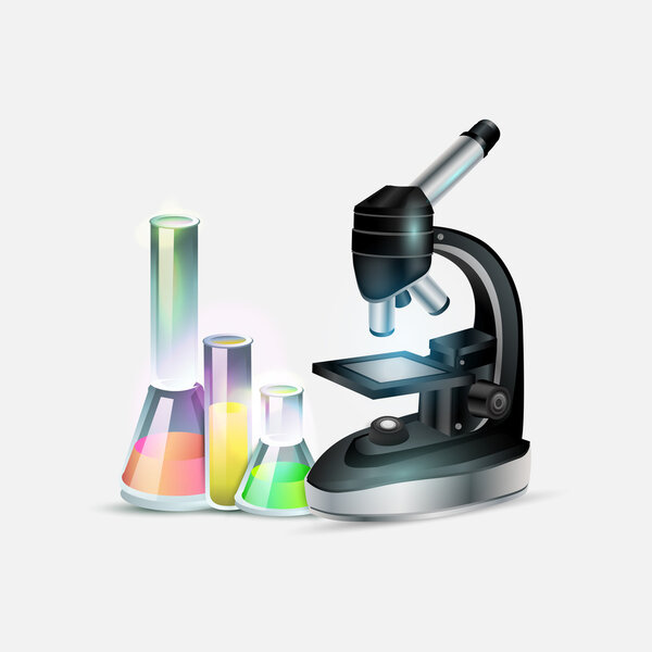 Scientific laboratory equipment: microscope and laboratory bottles. Vector illustration