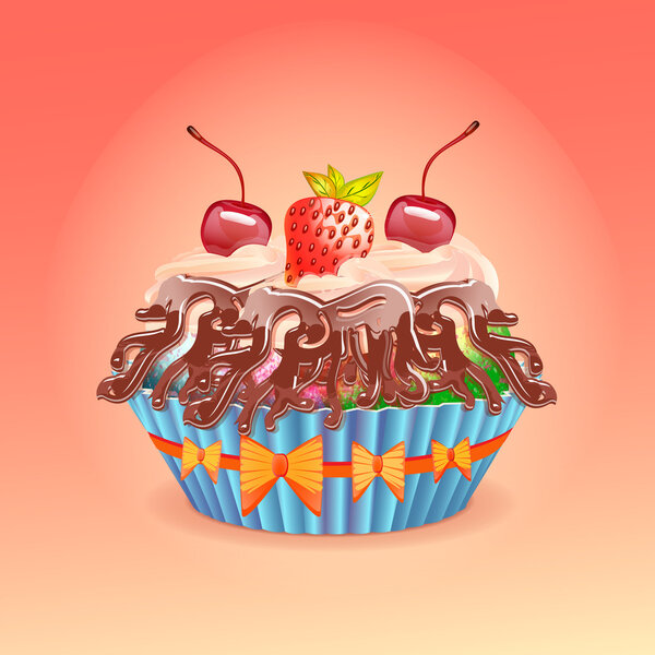 Vector illustration of cake with cherry and strawberry