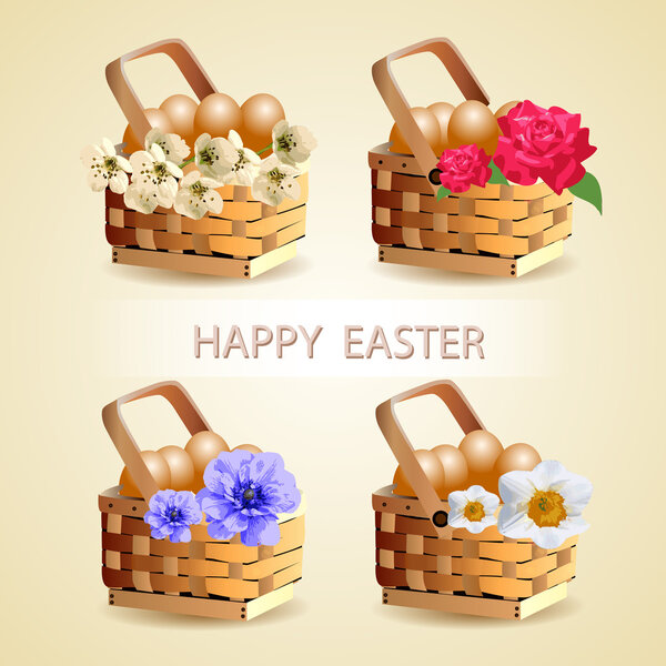 Easter eggs in basket with spring flower decoration. Vector