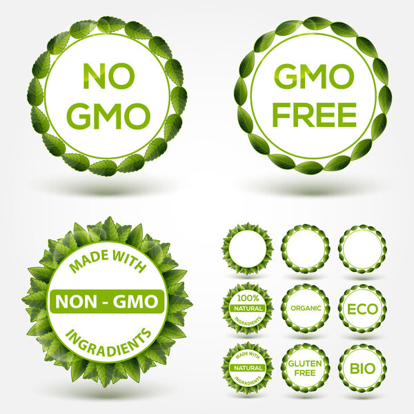 No GMO food label stickers. Vector