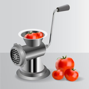 Metallic classic mincer with tomatoes. Vector clipart