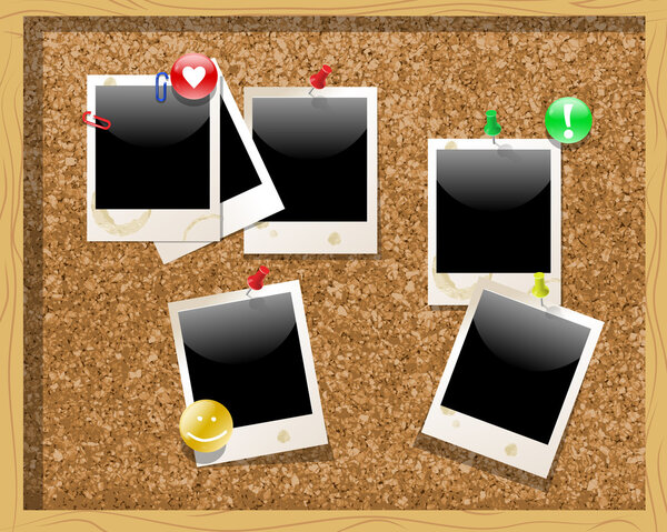Corkboard with polaroid photos. Vector illustration