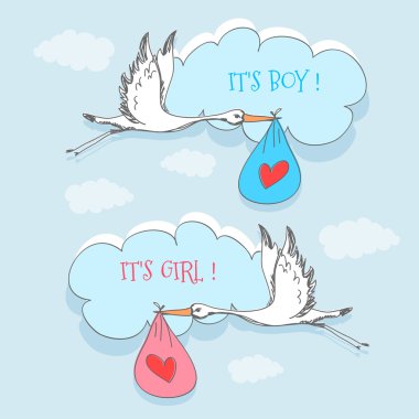 Stork and baby for girl and boy clipart