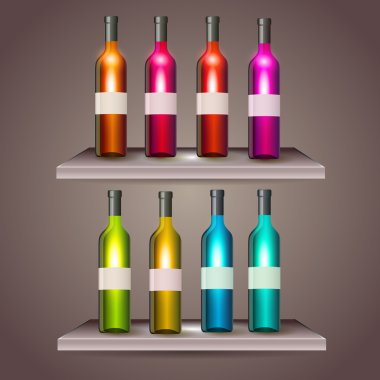 Set of color wine bottles with blank labels clipart