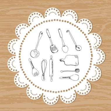cutlery. set of vector sketches on a lace doily background clipart