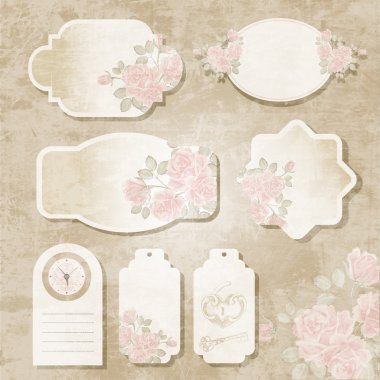 retro grunge floral etiketleri, afiş ve Amblemler, metniniz için boş bir koltuk ile toplama