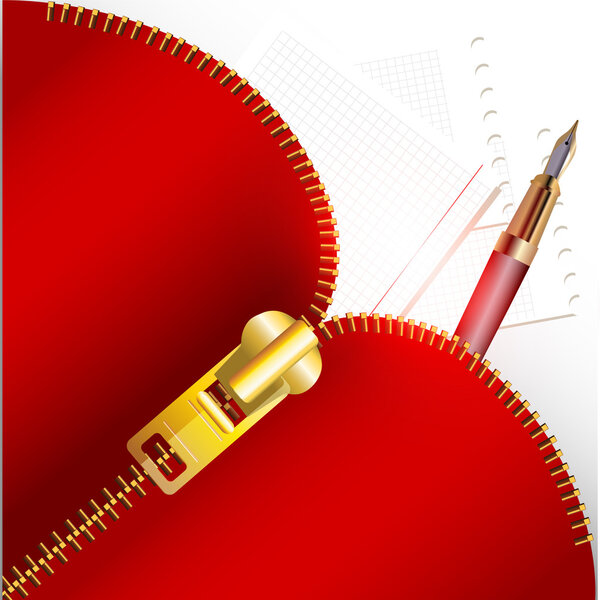 Фон с бумагой, ручкой и открытой молнией
