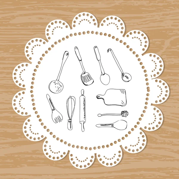 Cutlery Set Vector Sketches Lace Doily Background — Stock Vector