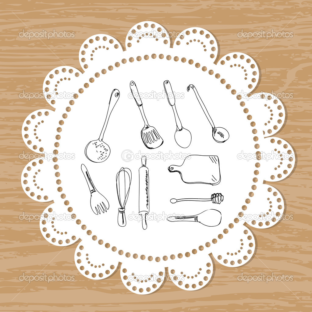 cutlery. set of vector sketches on a lace doily background