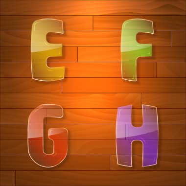 Colorful glass vector font. E, F, G, H