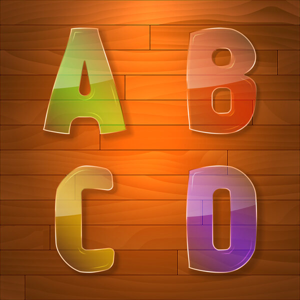 Colorful glass vector font. A, B, C, D