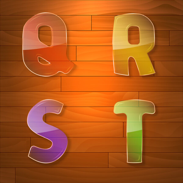 Colorful glass vector font. Q, R, S, T