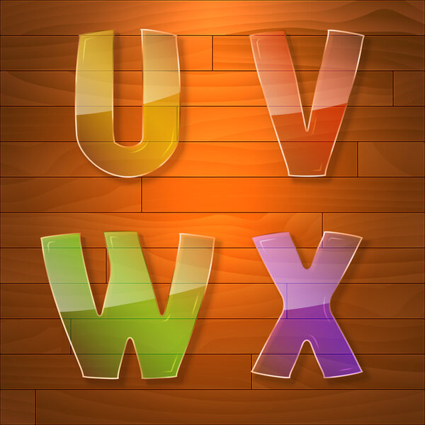 Colorful glass vector font. U, V, W, X