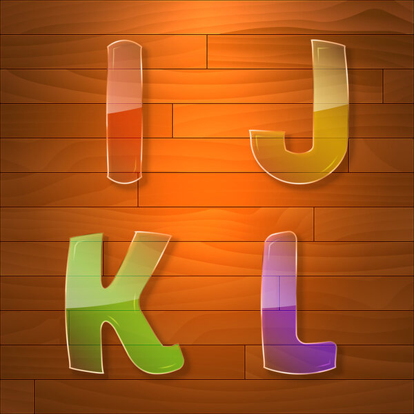 Colorful glass vector font. I, J, K, L