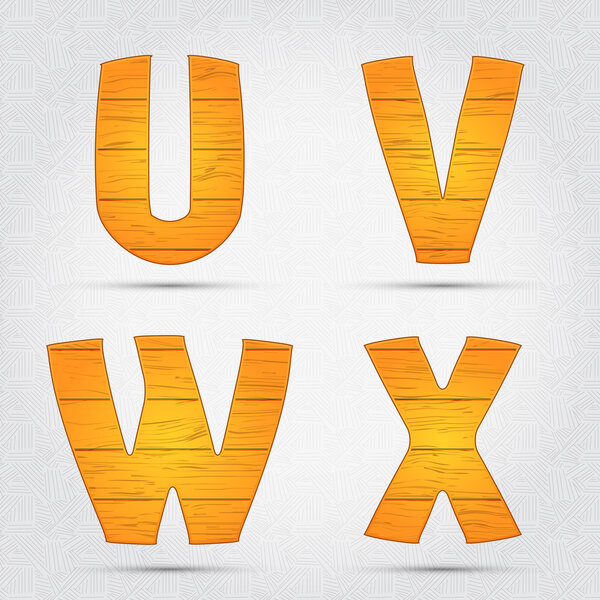 Wooden vector font. U, V, W, X