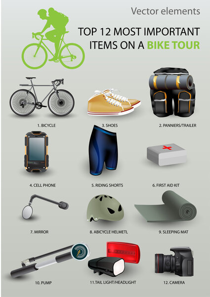Top 12 most important items on a bike tour. Vector set.