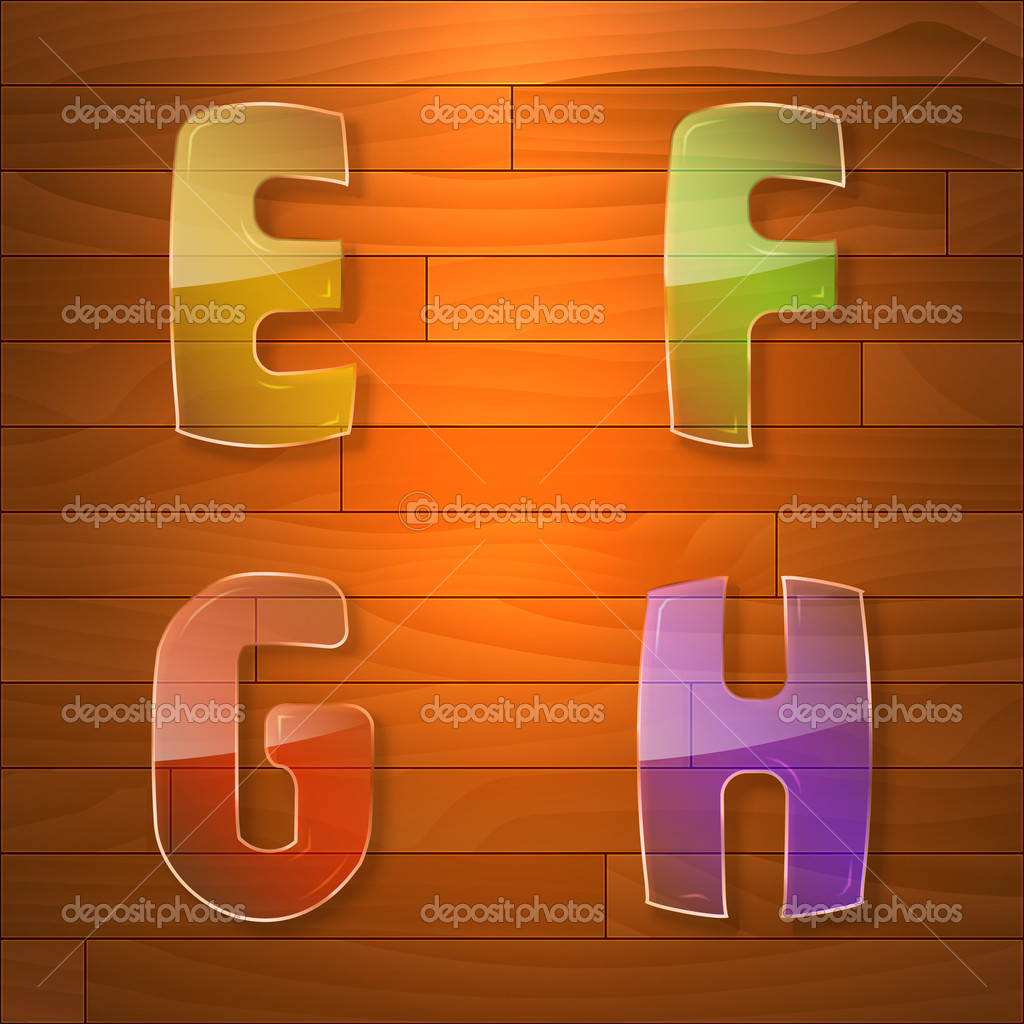Colorful glass vector font. E, F, G, H
