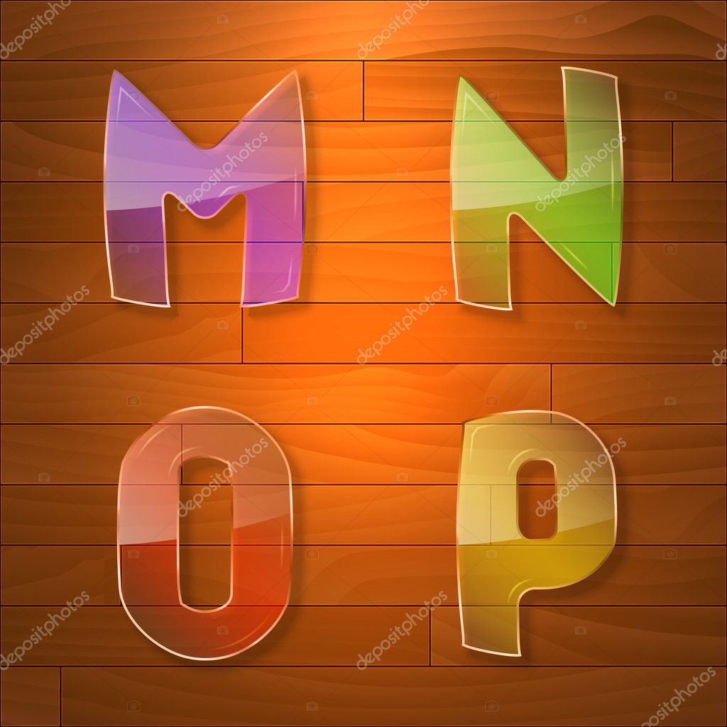 Colorful glass vector font. M, N, O, P