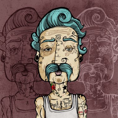 Portrait of a man with mustache and tattoos. Vector illustration. clipart