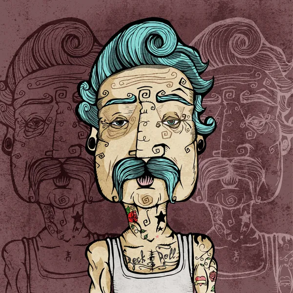 Ritratto Uomo Con Baffi Tatuaggi Illustrazione Vettoriale — Vettoriale Stock