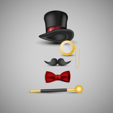 Magician kit: top hat, mustaches, monocle, bow tie and wand