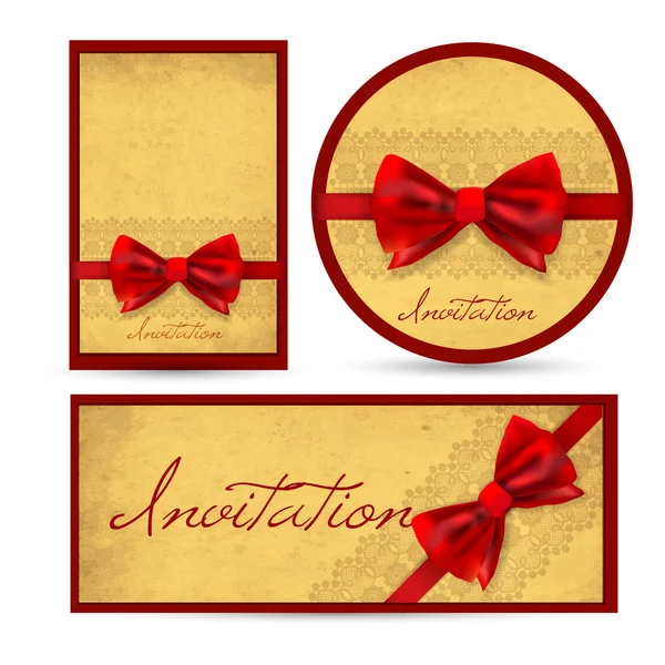 Set Beautiful Cards Red Gift Bows — Stock Vector