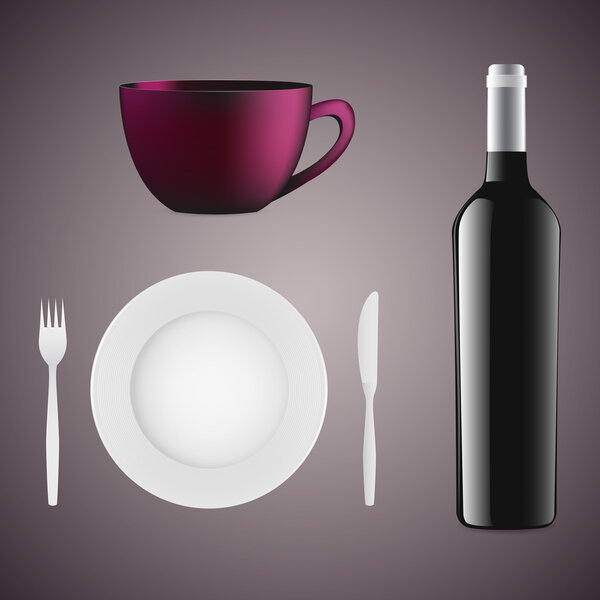 Bottle of wine, cup, plate and cutlery.